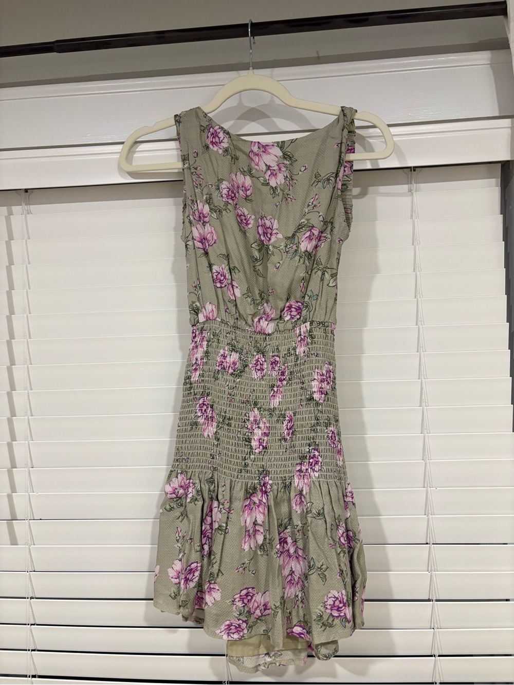 Smocked Floral Mini Dress in Sage with Pink Blossoms - Backless